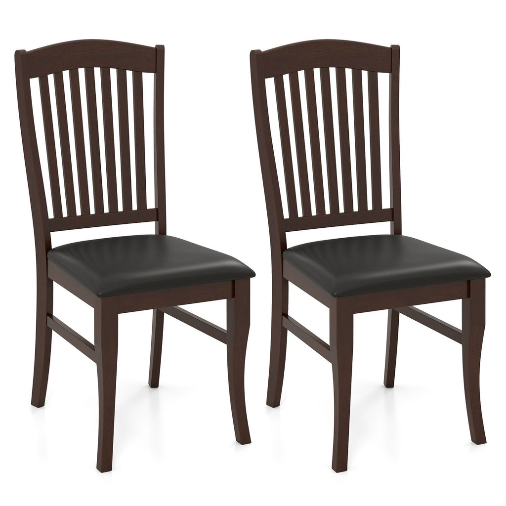 Set of 2 Tall Slat Back Dining Chairs, Coffee Brown Rubber Wood with Black PU Leather Seat, 400 lb