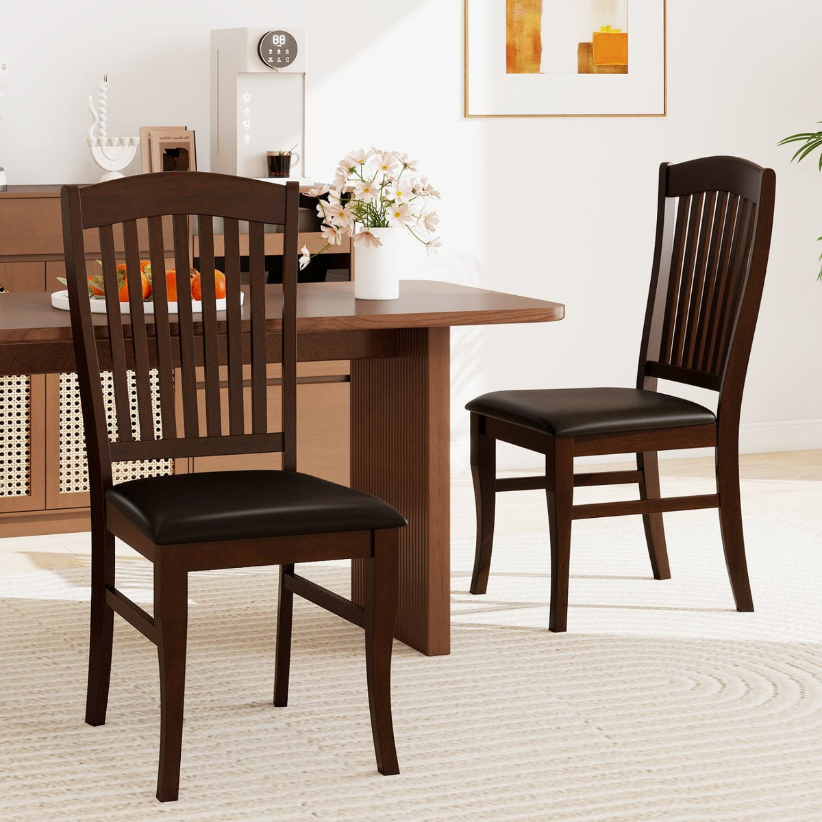 Set of 2 Tall Slat Back Dining Chairs, Coffee Brown Rubber Wood with Black PU Leather Seat, 400 lb