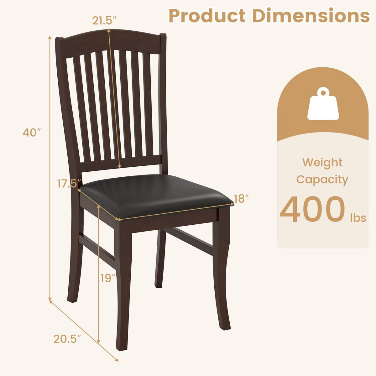 Set of 2 Tall Slat Back Dining Chairs, Coffee Brown Rubber Wood with Black PU Leather Seat, 400 lb