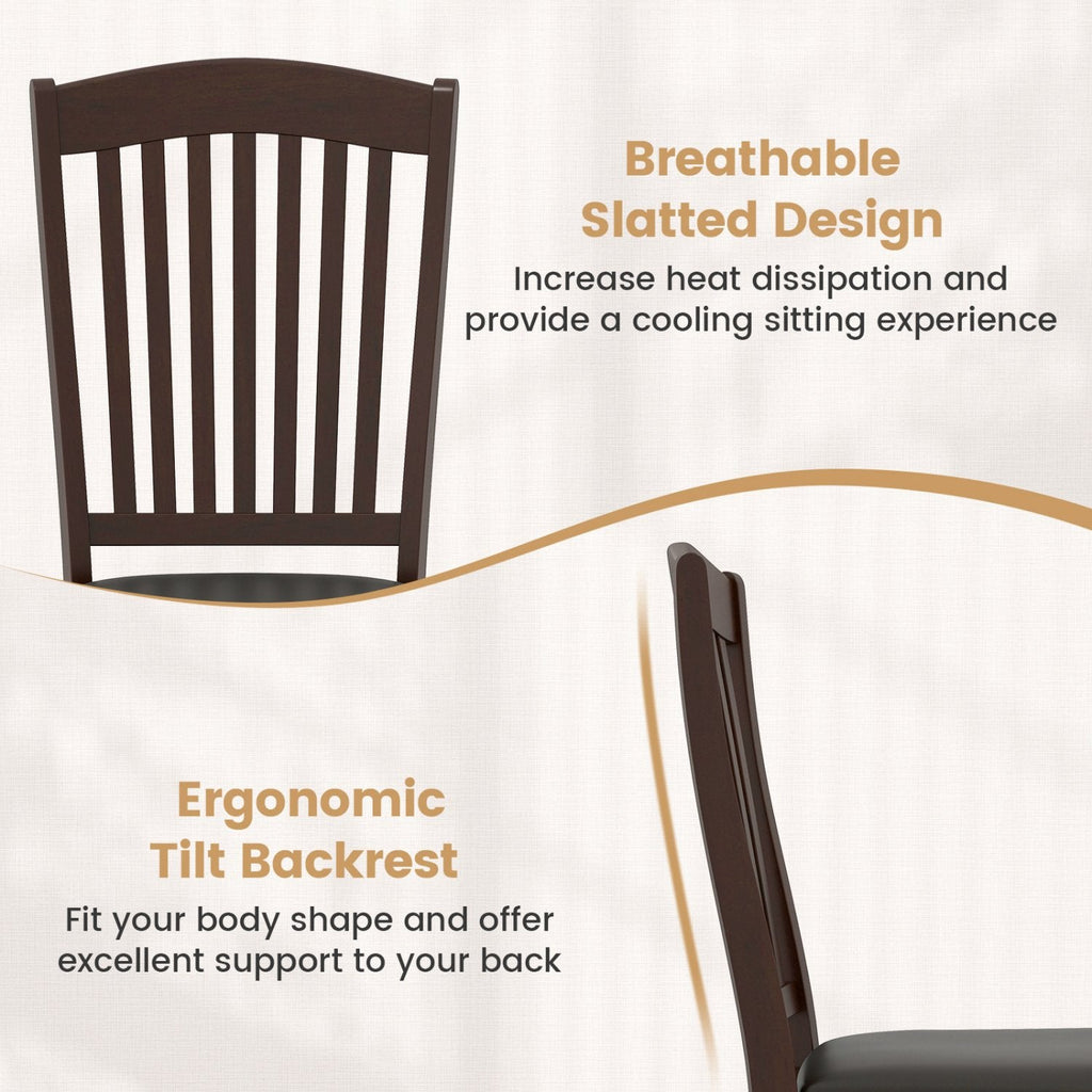 Set of 2 Tall Slat Back Dining Chairs, Coffee Brown Rubber Wood with Black PU Leather Seat, 400 lb
