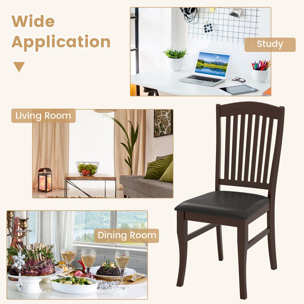 Set of 2 Tall Slat Back Dining Chairs, Coffee Brown Rubber Wood with Black PU Leather Seat, 400 lb