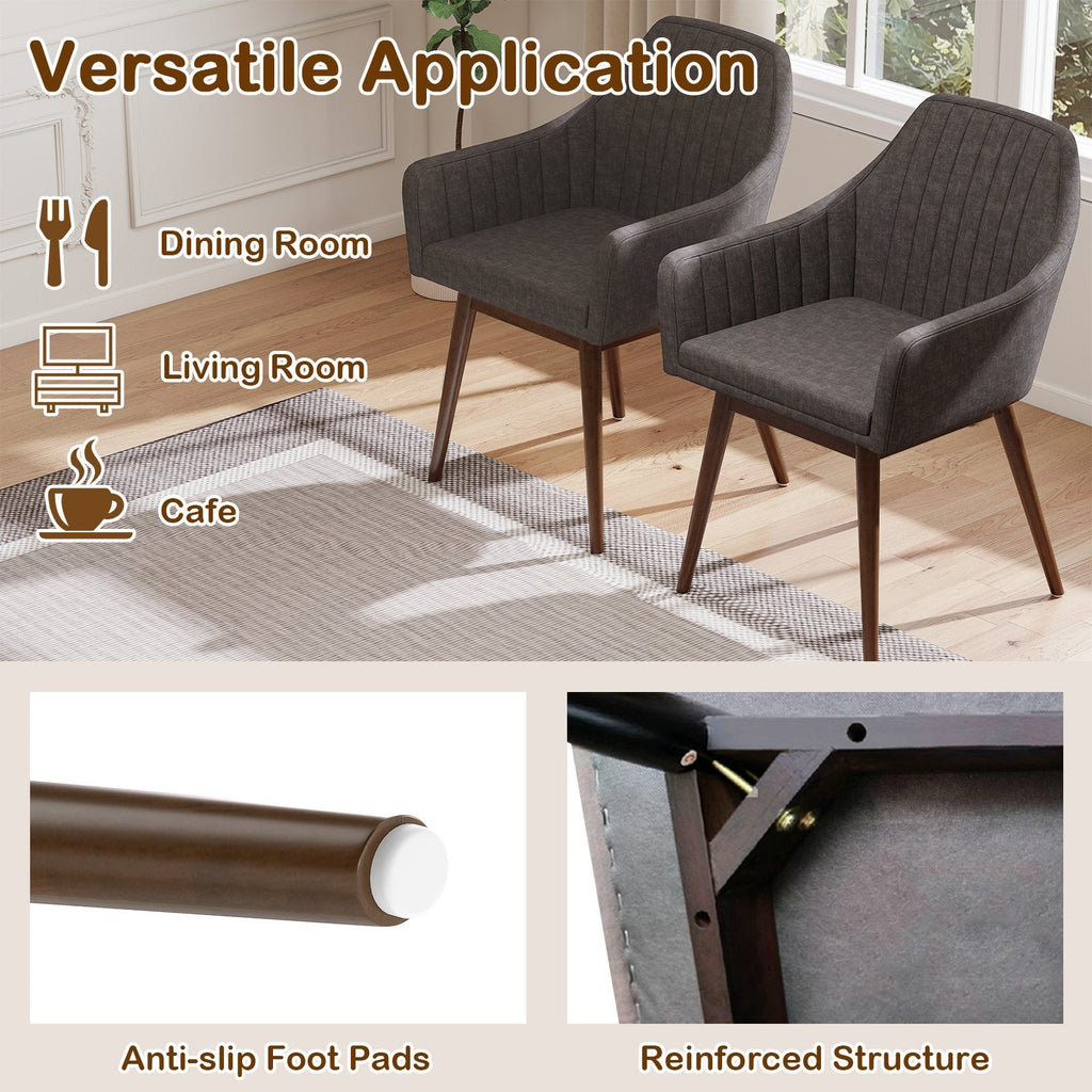 Set of 2 Upholstered Dining Armchairs, Mid Grey Channel Stitched Fabric with Walnut Rubber Wood Legs