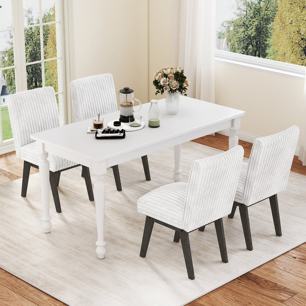 Set of 4 Channel Tufted Dining Chairs, White Flannel with Sprung 6 Inch Seats and Grey Wood Legs