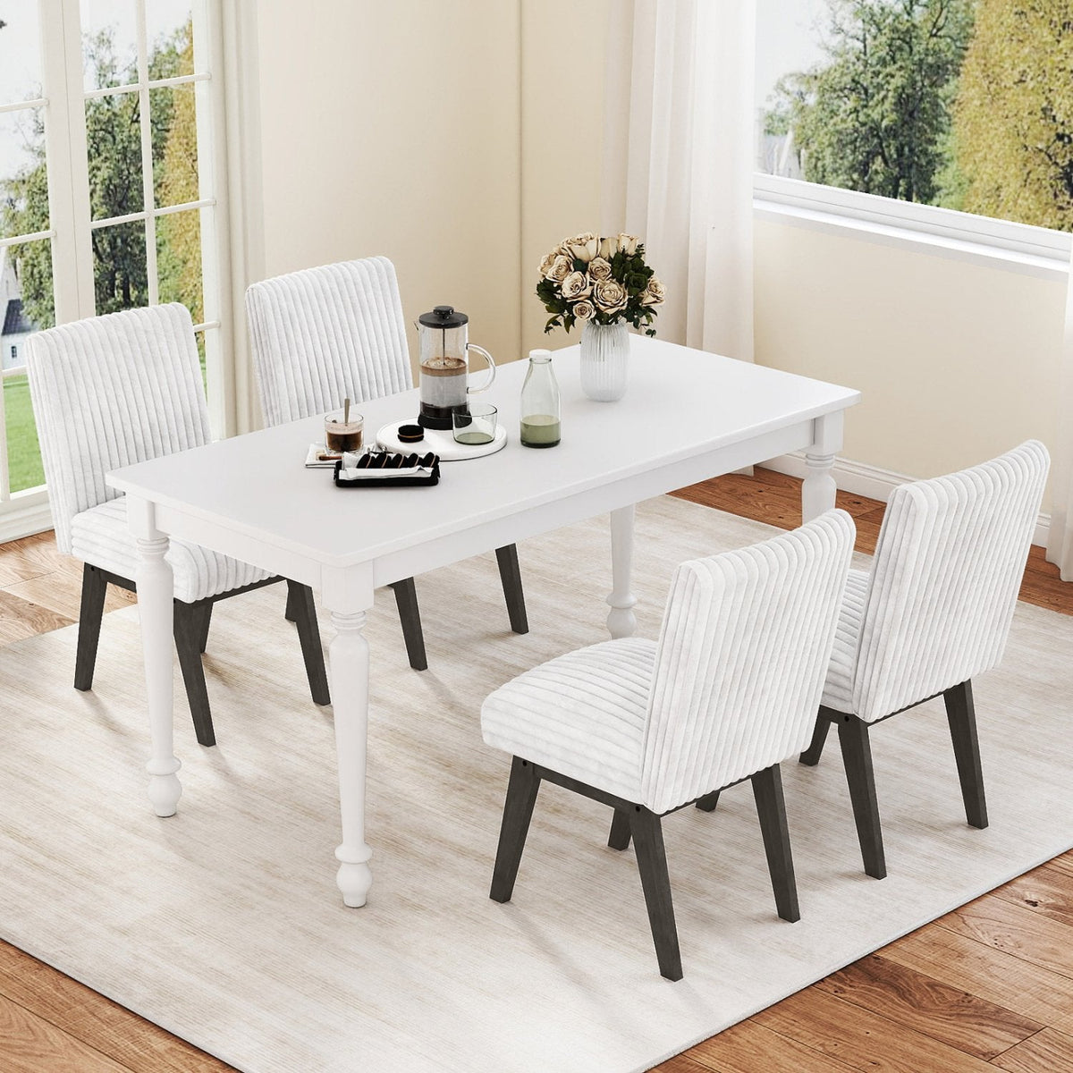 Set of 4 Channel Tufted Dining Chairs, White Flannel with Sprung 6 Inch Seats and Grey Wood Legs
