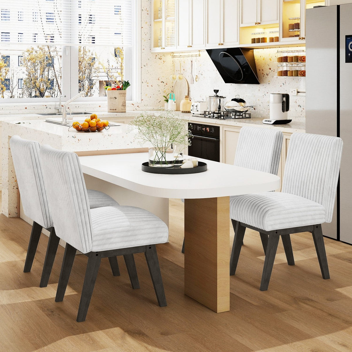 Set of 4 Channel Tufted Dining Chairs, White Flannel with Sprung 6 Inch Seats and Grey Wood Legs