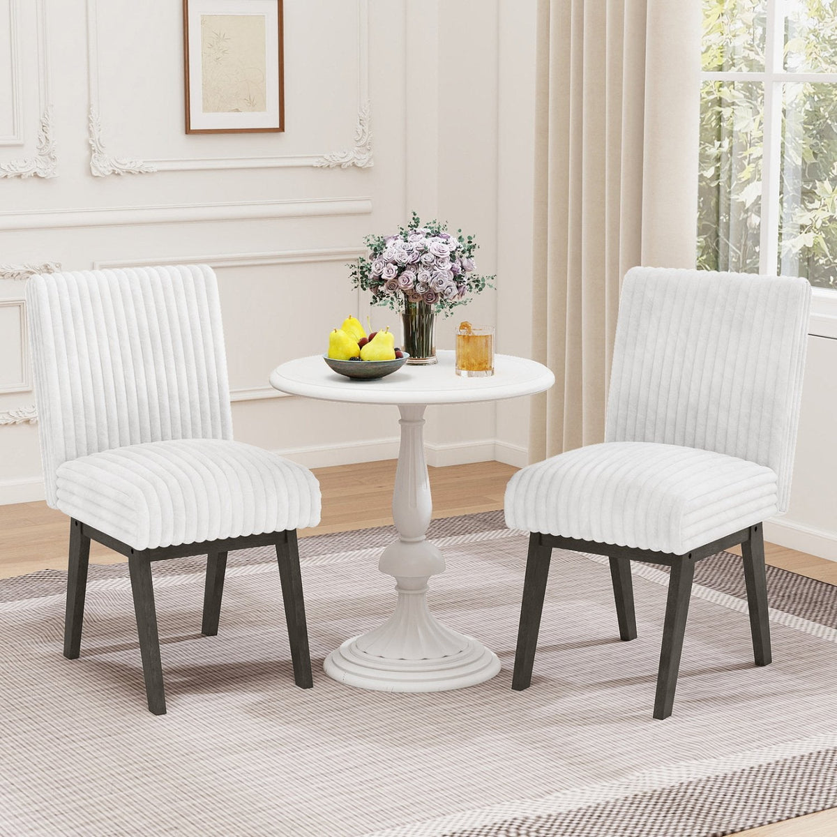 Set of 4 Channel Tufted Dining Chairs, White Flannel with Sprung 6 Inch Seats and Grey Wood Legs