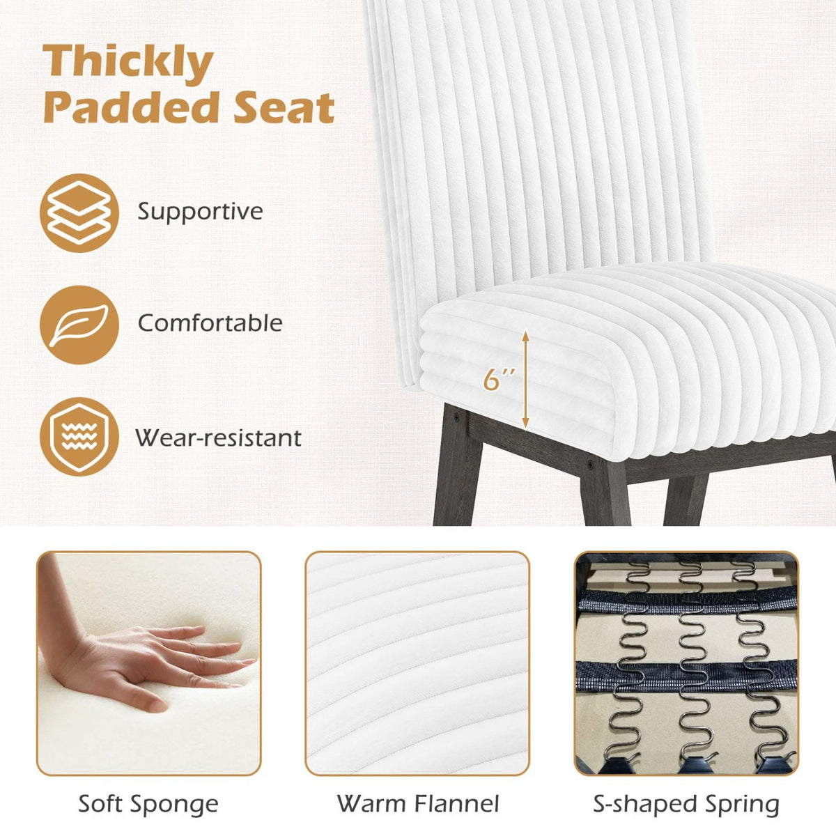 Set of 4 Channel Tufted Dining Chairs, White Flannel with Sprung 6 Inch Seats and Grey Wood Legs