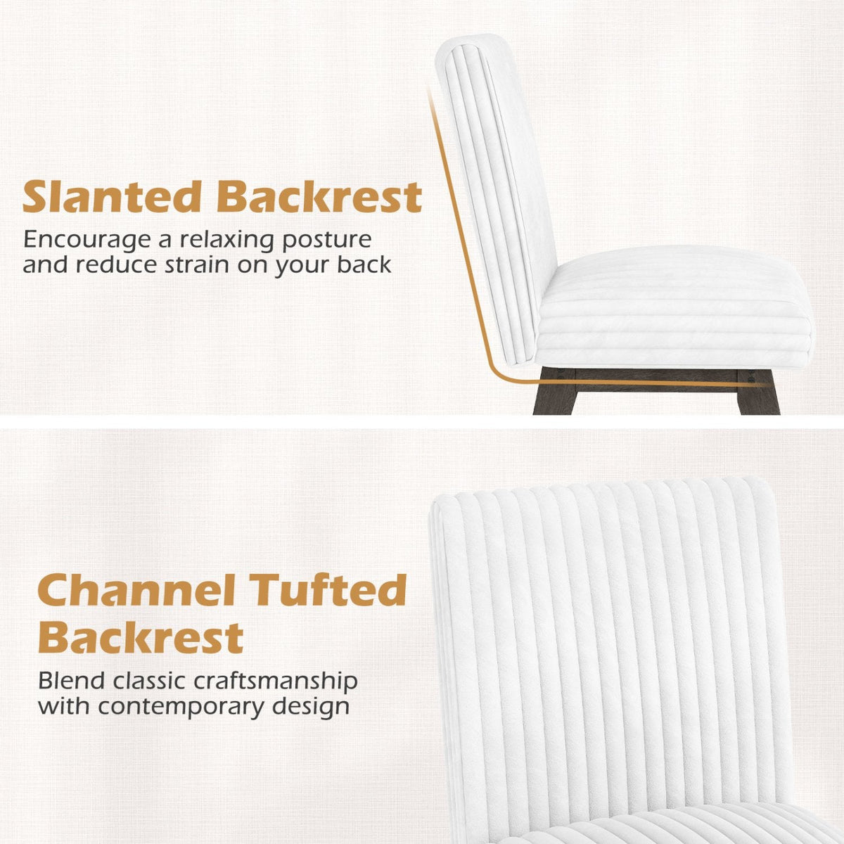 Set of 4 Channel Tufted Dining Chairs, White Flannel with Sprung 6 Inch Seats and Grey Wood Legs