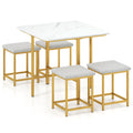 Dining Table Set with 4 Upholstered Stools and Metal Frame-White & Golden