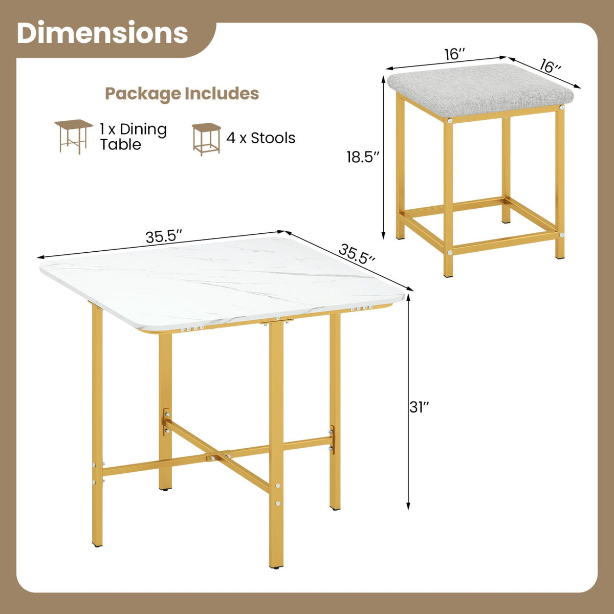 Dining Table Set with 4 Upholstered Stools and Metal Frame-White & Golden