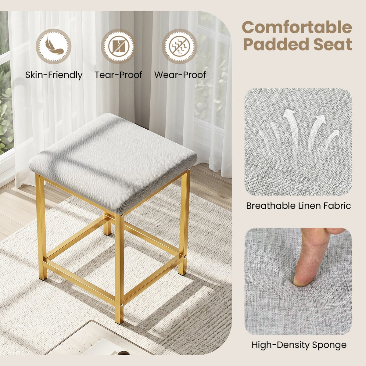 Dining Table Set with 4 Upholstered Stools and Metal Frame-White & Golden