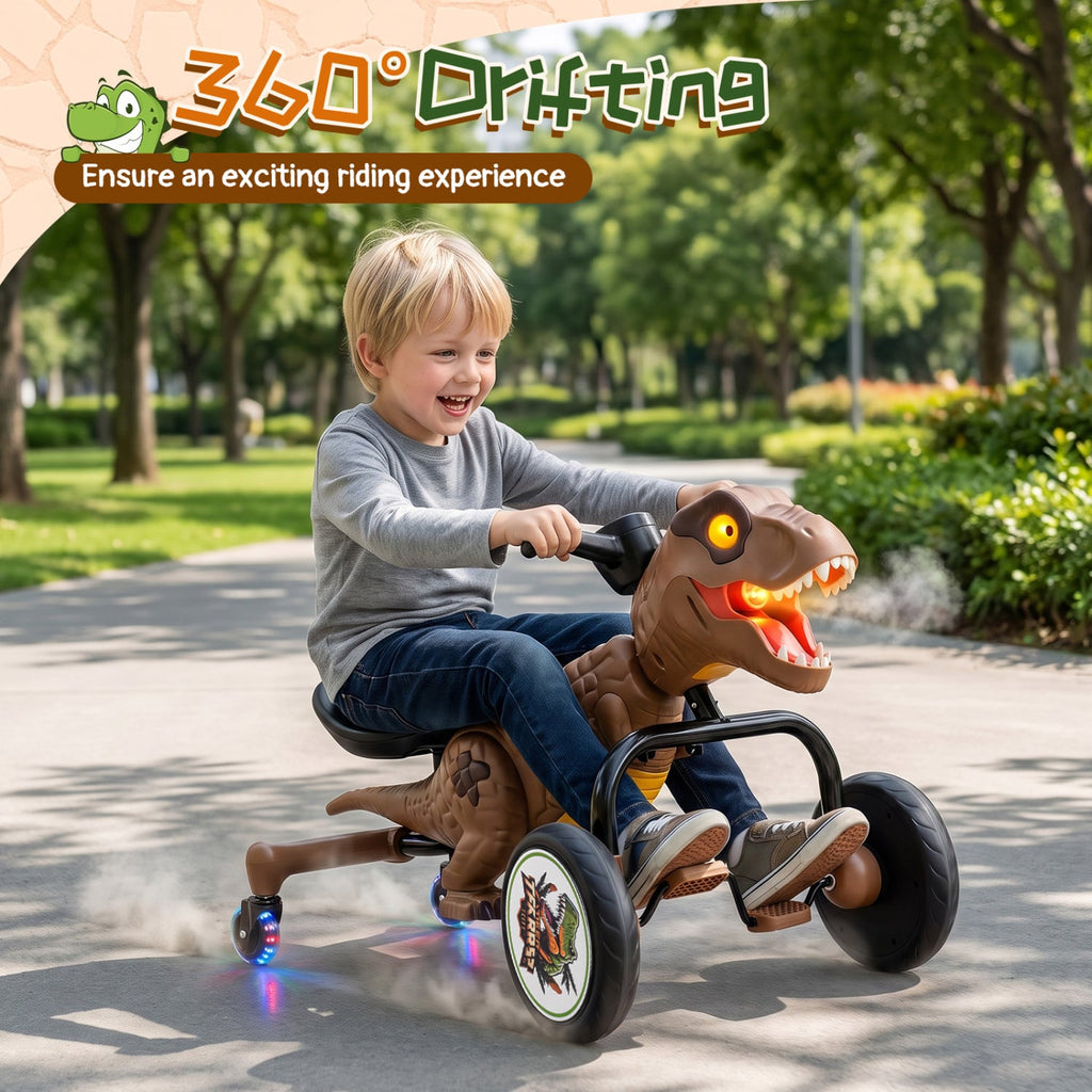 Dinosaur Drift Tricycle with Lights and Spray and 360-Degree Spin Mode-Brown