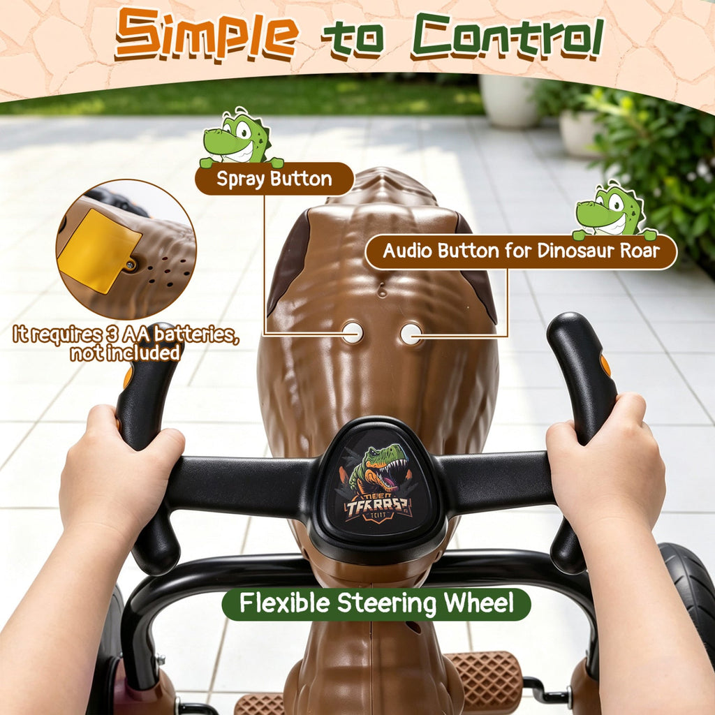 Dinosaur Drift Tricycle with Lights and Spray and 360-Degree Spin Mode-Brown