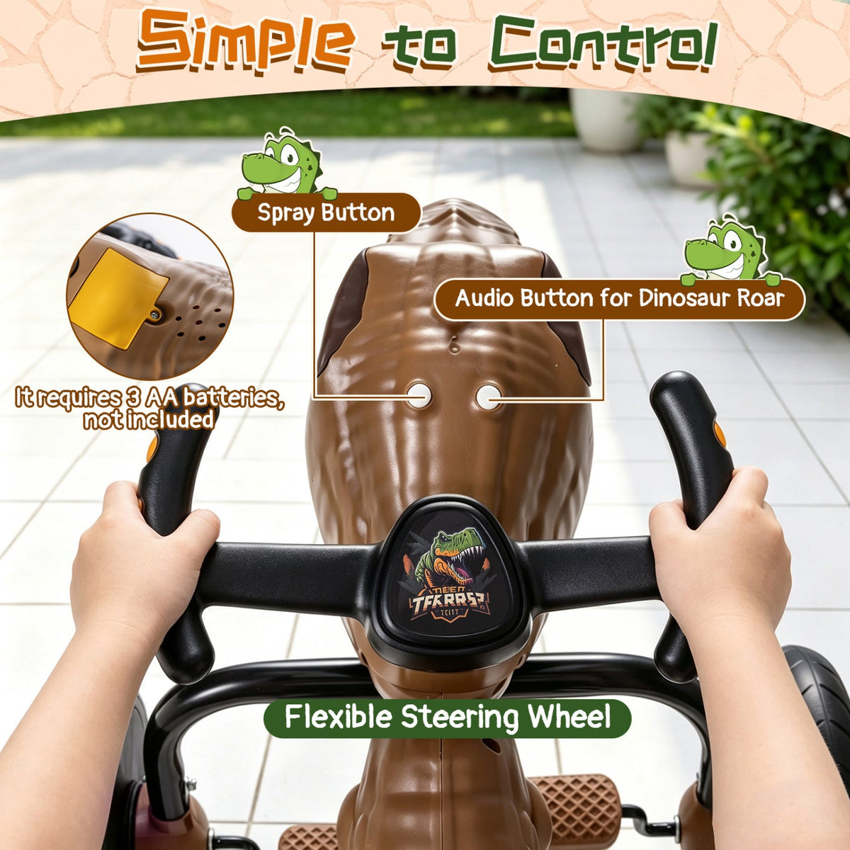Dinosaur Drift Tricycle with Lights and Spray and 360-Degree Spin Mode-Brown