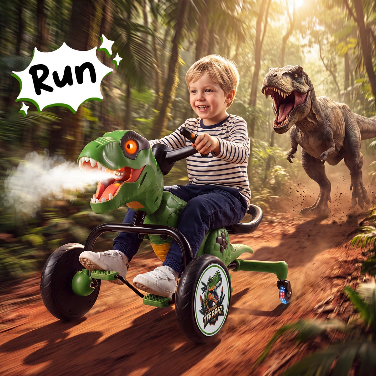 Dinosaur Drift Tricycle with Lights and Spray and 360-Degree Spin Mode-Green