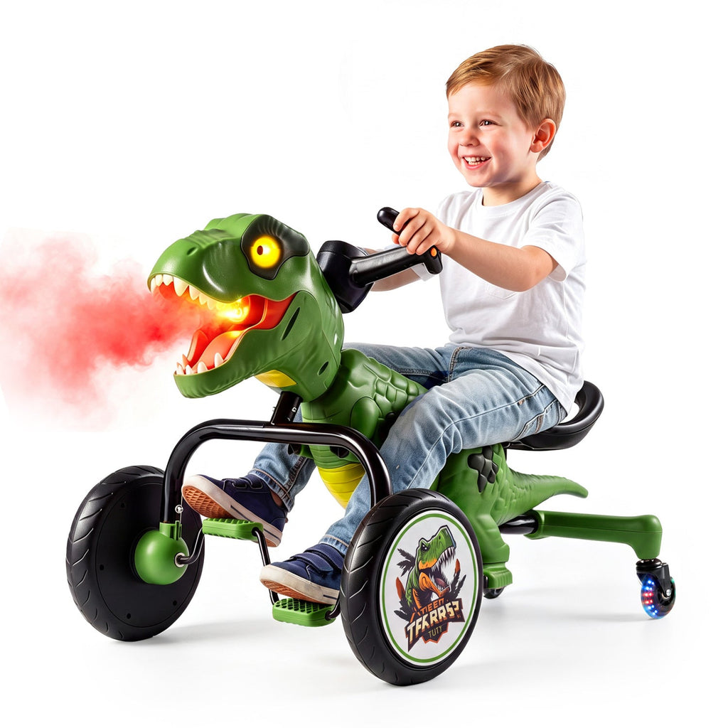 Dinosaur Drift Tricycle with Lights and Spray and 360-Degree Spin Mode-Green