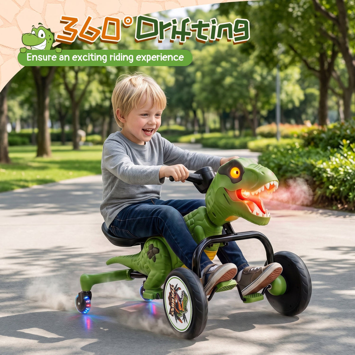 Dinosaur Drift Tricycle with Lights and Spray and 360-Degree Spin Mode-Green