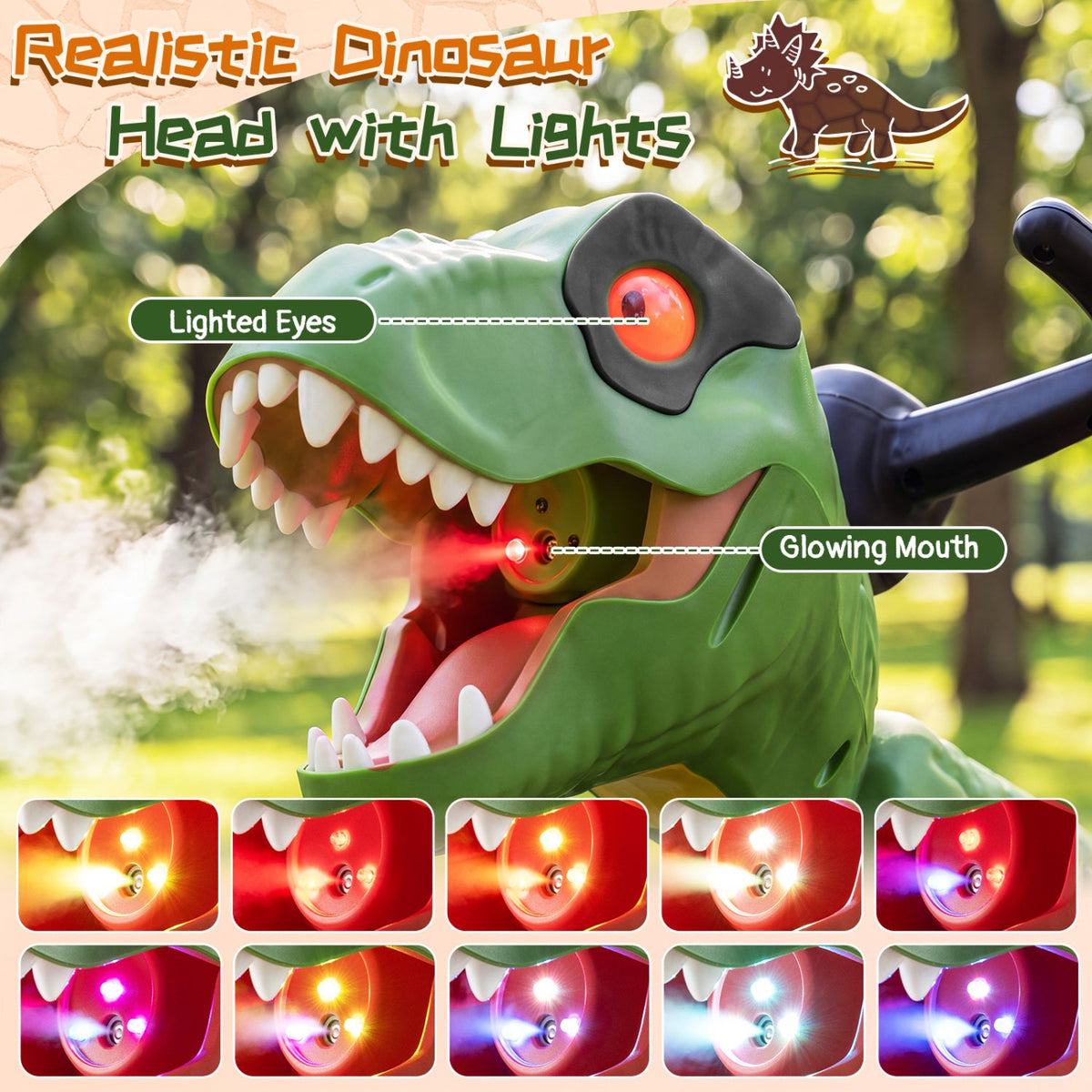 Dinosaur Drift Tricycle with Lights and Spray and 360-Degree Spin Mode-Green