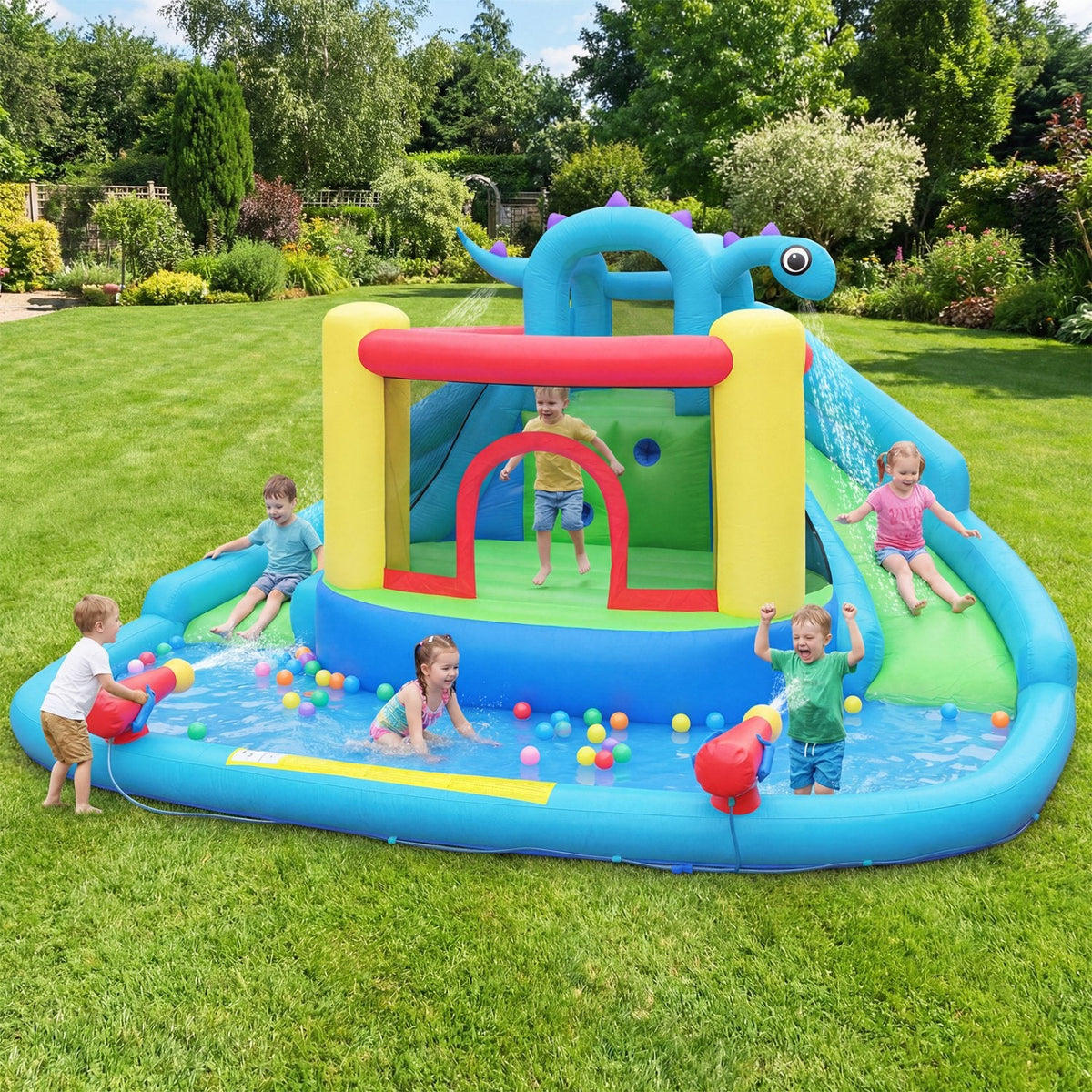 Dinosaur Themed Inflatable Bounce House and Water Park with 860W Air Blower