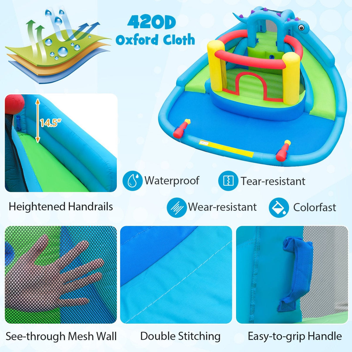 Dinosaur Themed Inflatable Bounce House and Water Park with 860W Air Blower