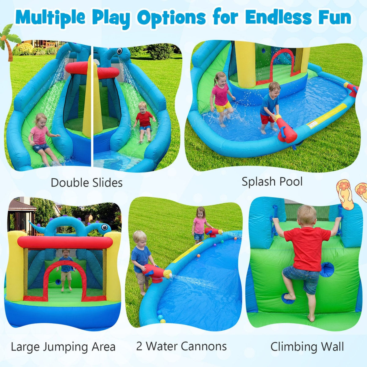 Dinosaur Themed Inflatable Bounce House and Water Park with 860W Air Blower