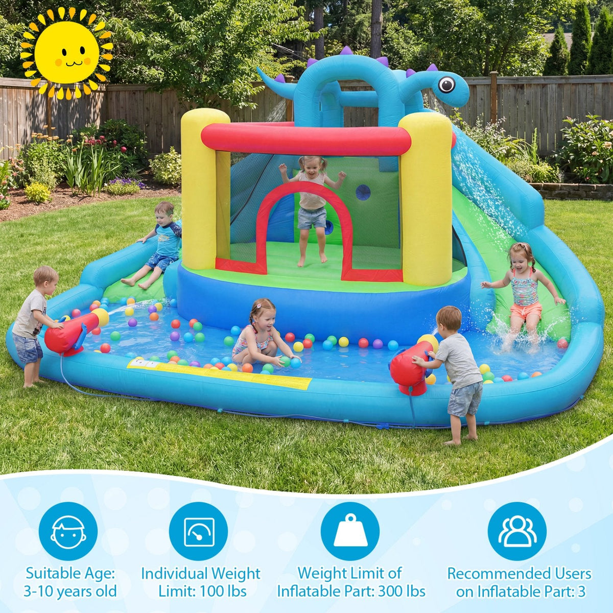 Dinosaur Themed Inflatable Bounce House and Water Park with 860W Air Blower