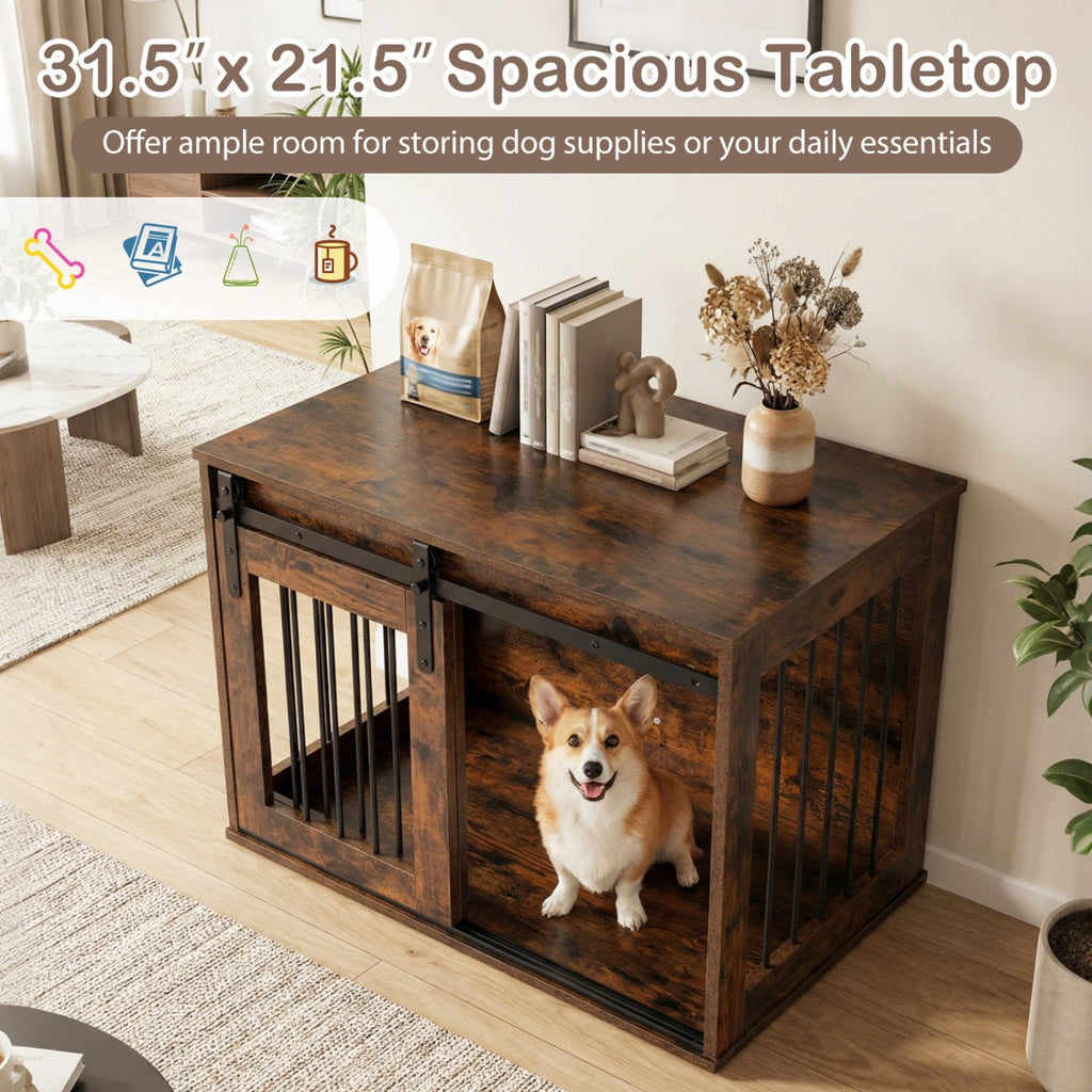 Dog Crate Furniture Heavy Duty Dog Kennel with Sliding Barn Door-RusticBrown