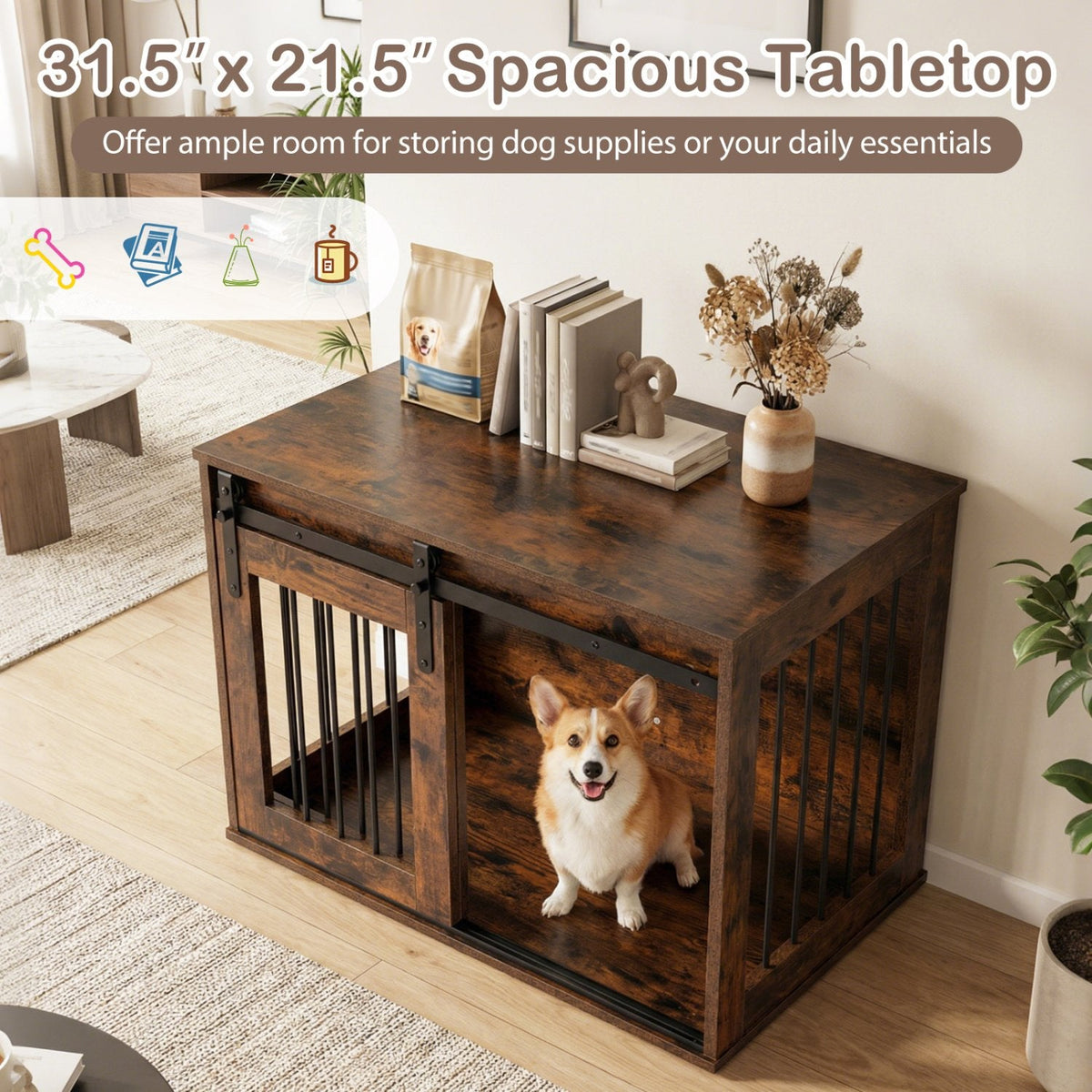 Dog Crate Furniture Heavy Duty Dog Kennel with Sliding Barn Door-RusticBrown