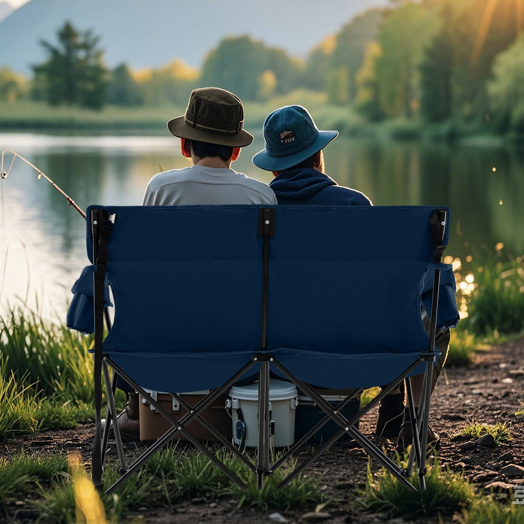 Double Camping Chair 2-Person Outdoor Folding Loveseat with Cup Holders-Blue
