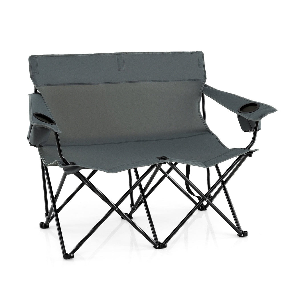 Double Camping Chair 2-Person Outdoor Folding Loveseat with Cup Holders-Gray