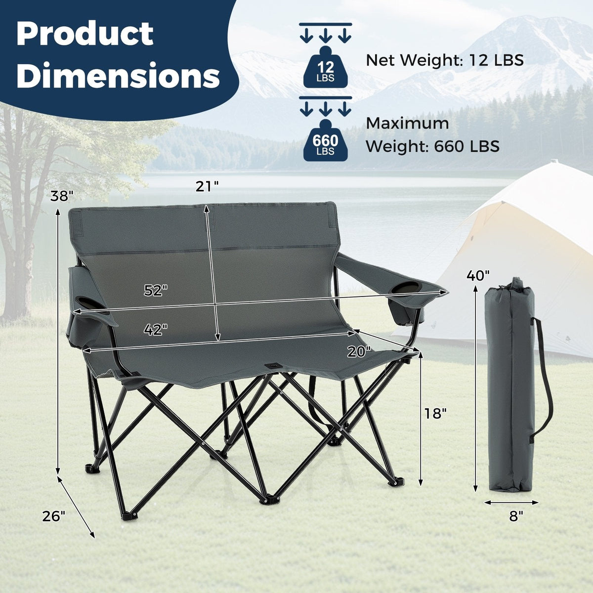 Double Camping Chair 2-Person Outdoor Folding Loveseat with Cup Holders-Gray