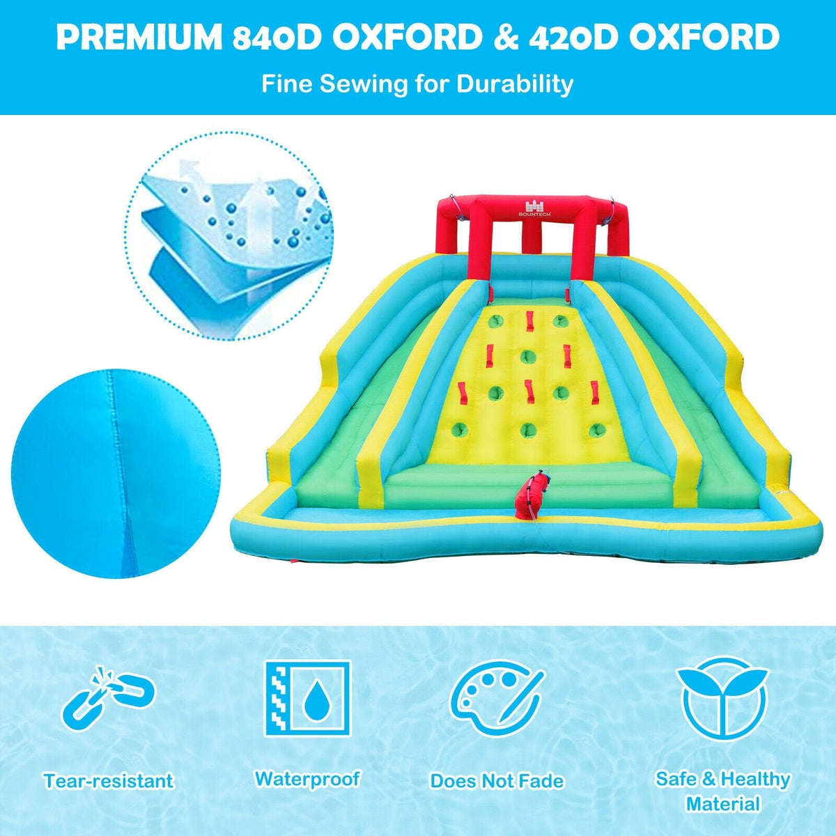 Double Side Inflatable Water Park with Two Slides and Climbing Wall, No Blower