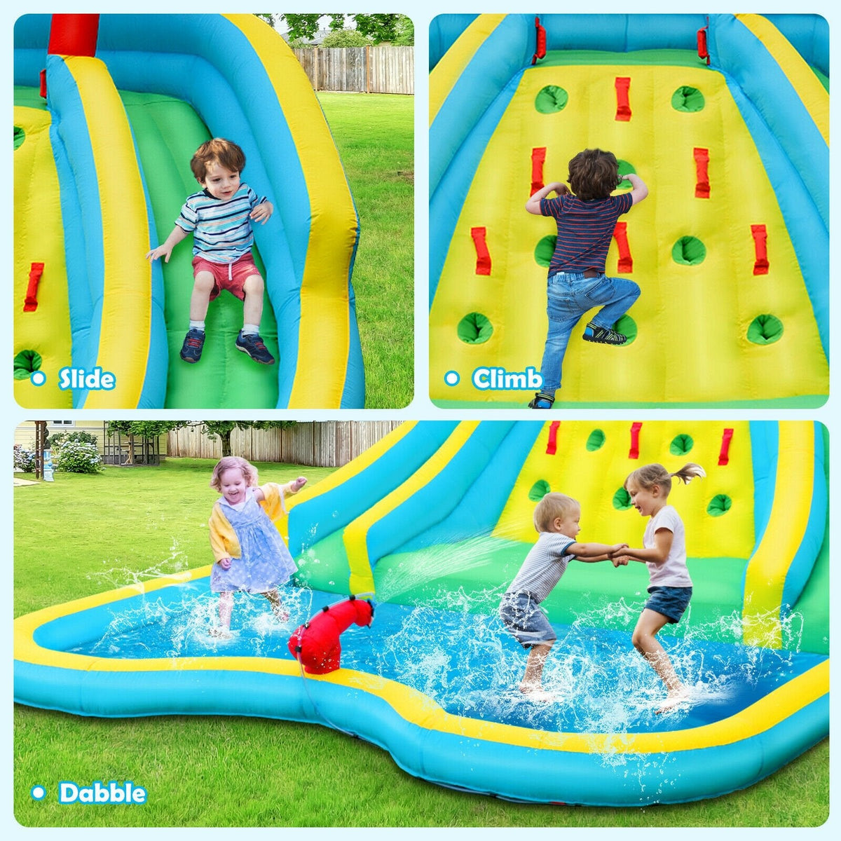 Double Side Inflatable Water Park with Two Slides and Climbing Wall, No Blower