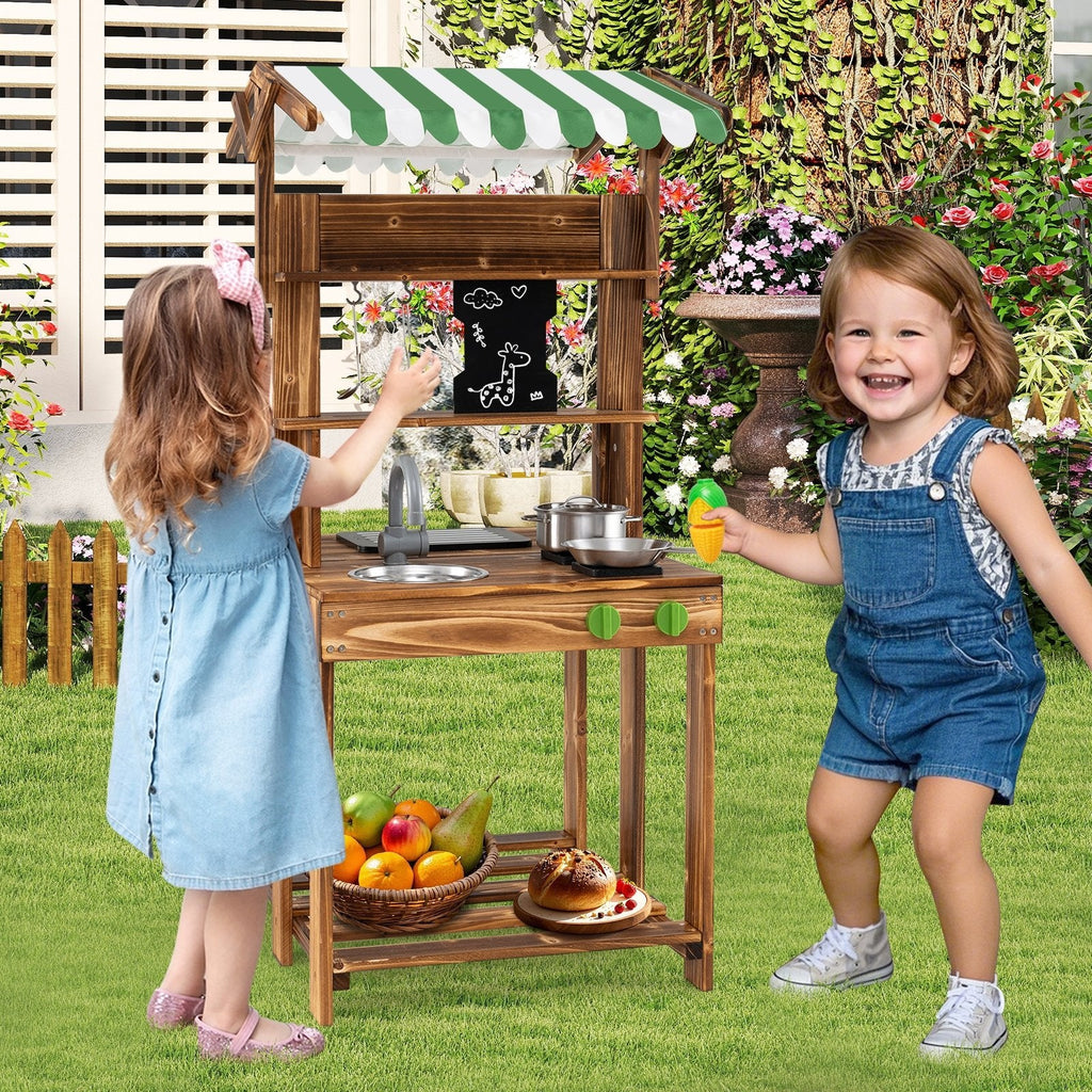Double-Sided Mud Kitchen with Canopy and Chalkboard for 3+ Years Old-Natural
