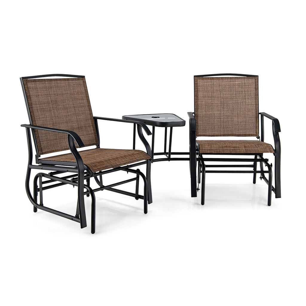 Double Glider Chair Set with Centre Glass Table and Umbrella Hole, Brown