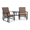Double Glider Chair Set with Centre Glass Table and Umbrella Hole, Brown