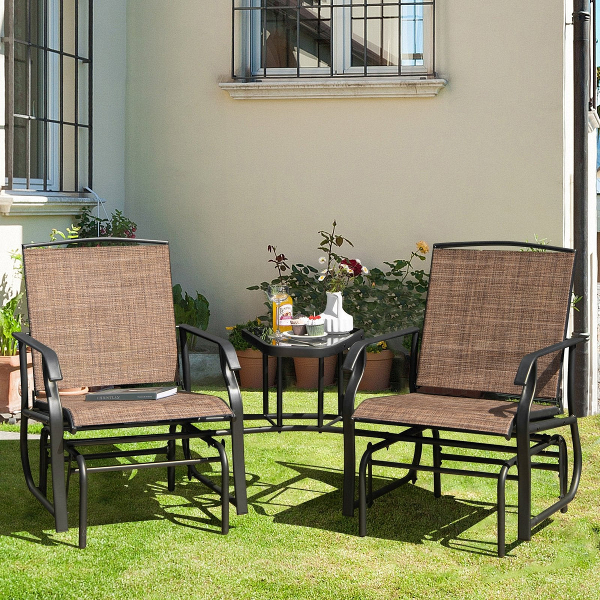 Double Glider Chair Set with Centre Glass Table and Umbrella Hole, Brown