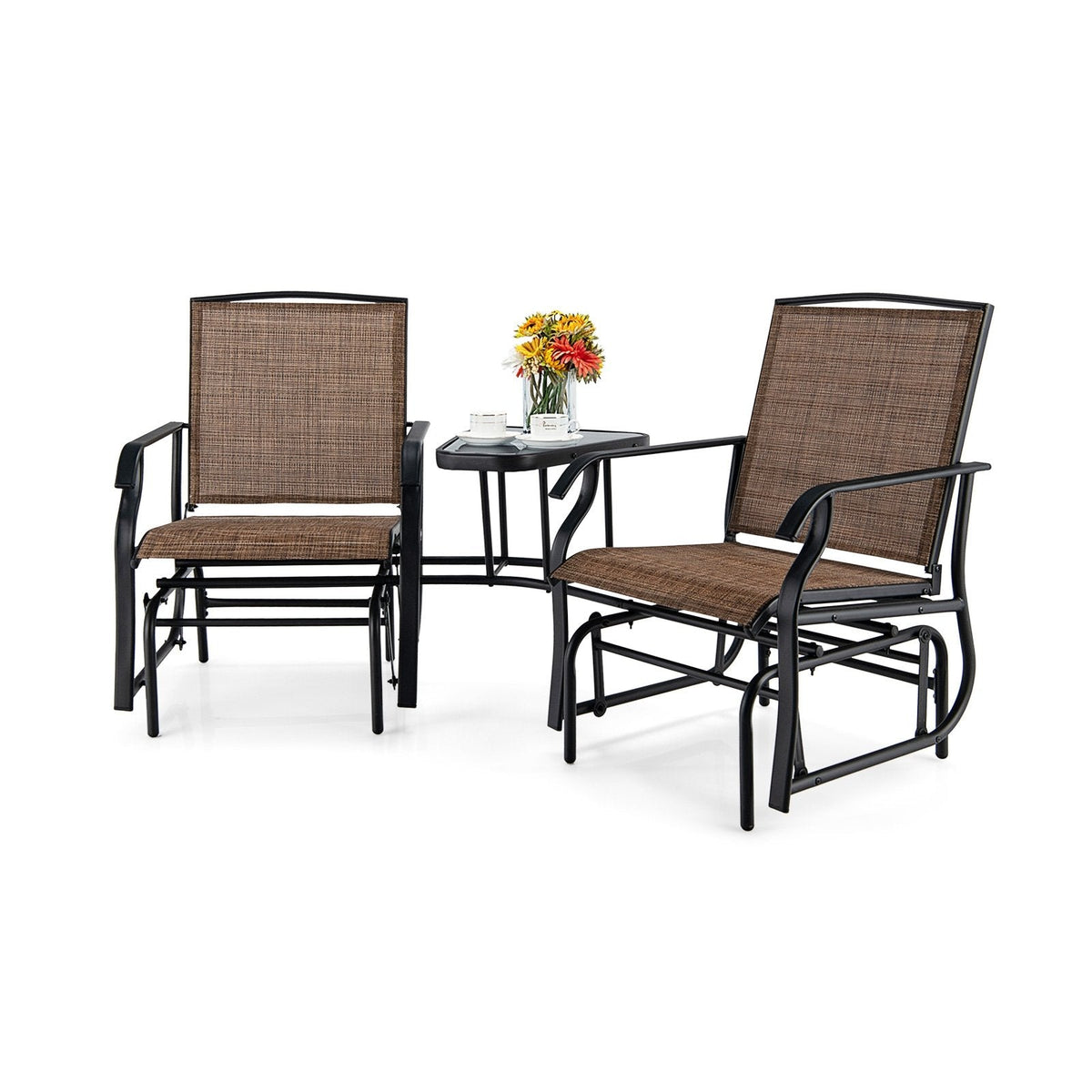 Double Glider Chair Set with Centre Glass Table and Umbrella Hole, Brown