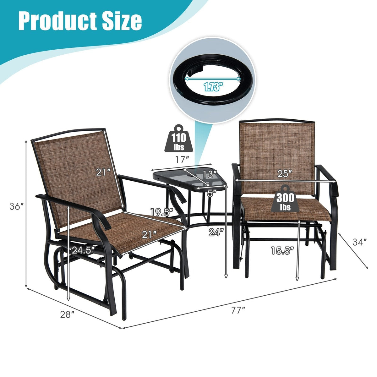 Double Glider Chair Set with Centre Glass Table and Umbrella Hole, Brown