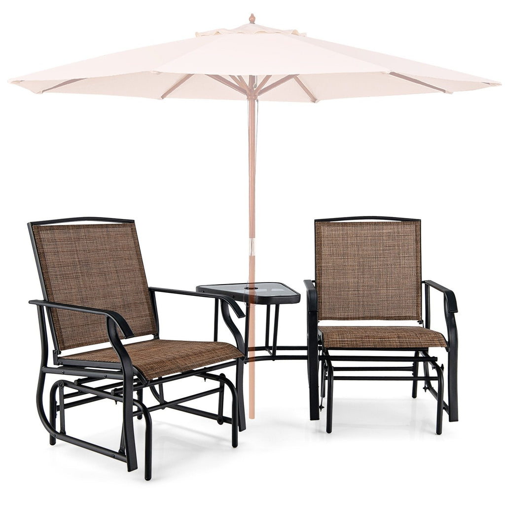 Double Glider Chair Set with Centre Glass Table and Umbrella Hole, Brown