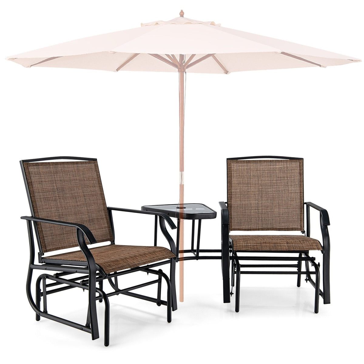 Double Glider Chair Set with Centre Glass Table and Umbrella Hole, Brown