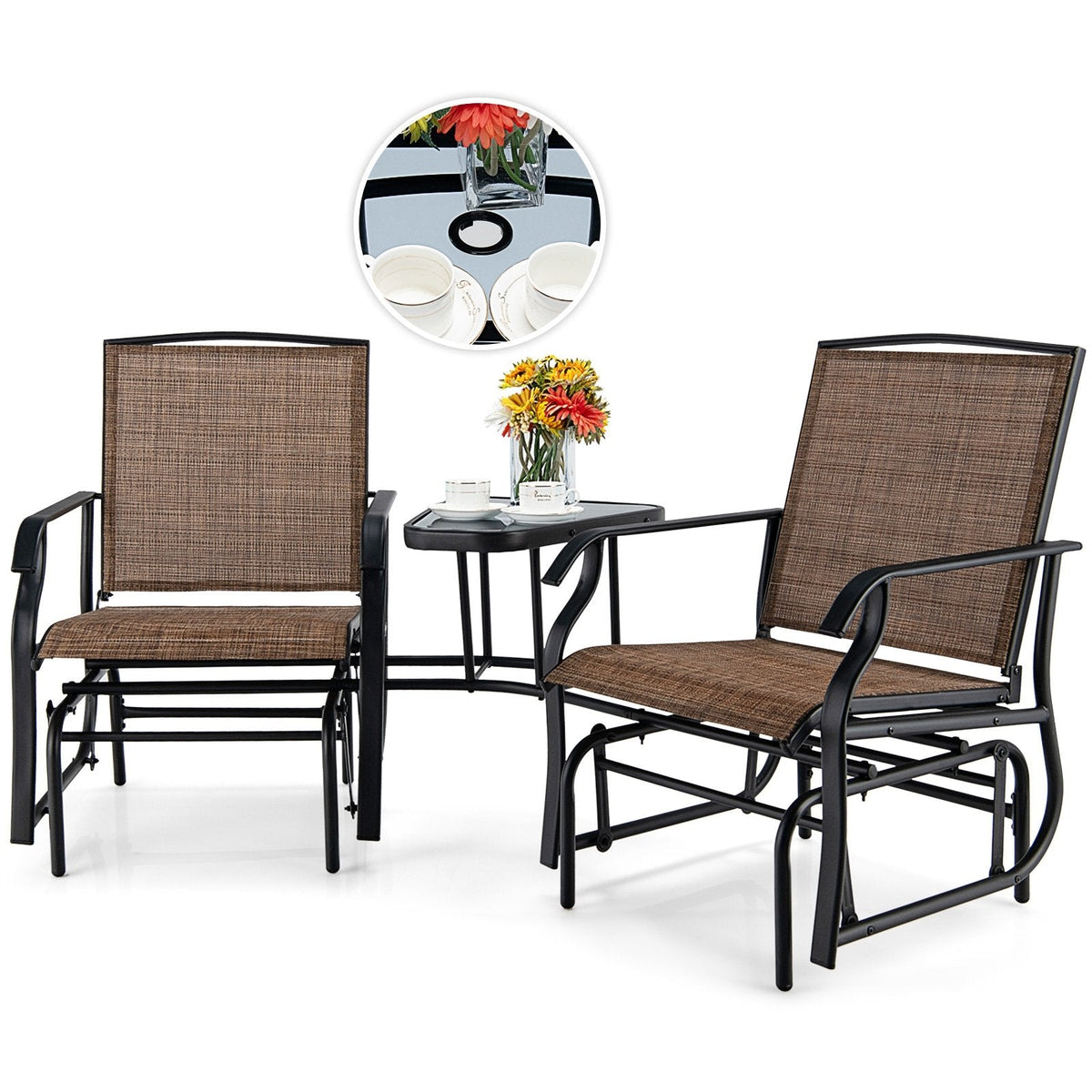 Double Glider Chair Set with Centre Glass Table and Umbrella Hole, Brown