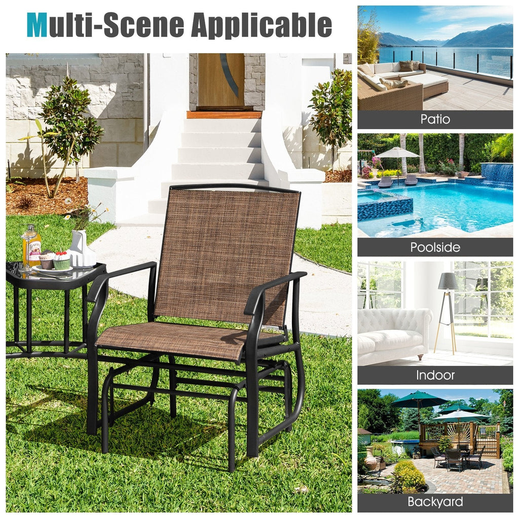Double Glider Chair Set with Centre Glass Table and Umbrella Hole, Brown