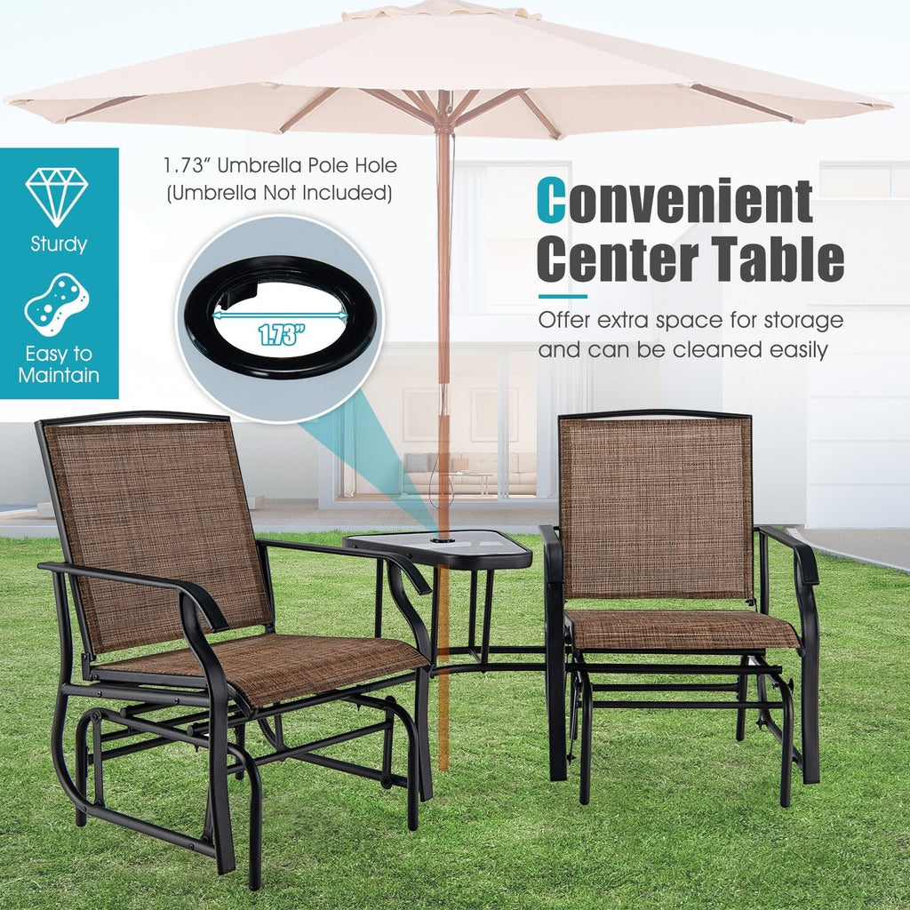 Double Glider Chair Set with Centre Glass Table and Umbrella Hole, Brown