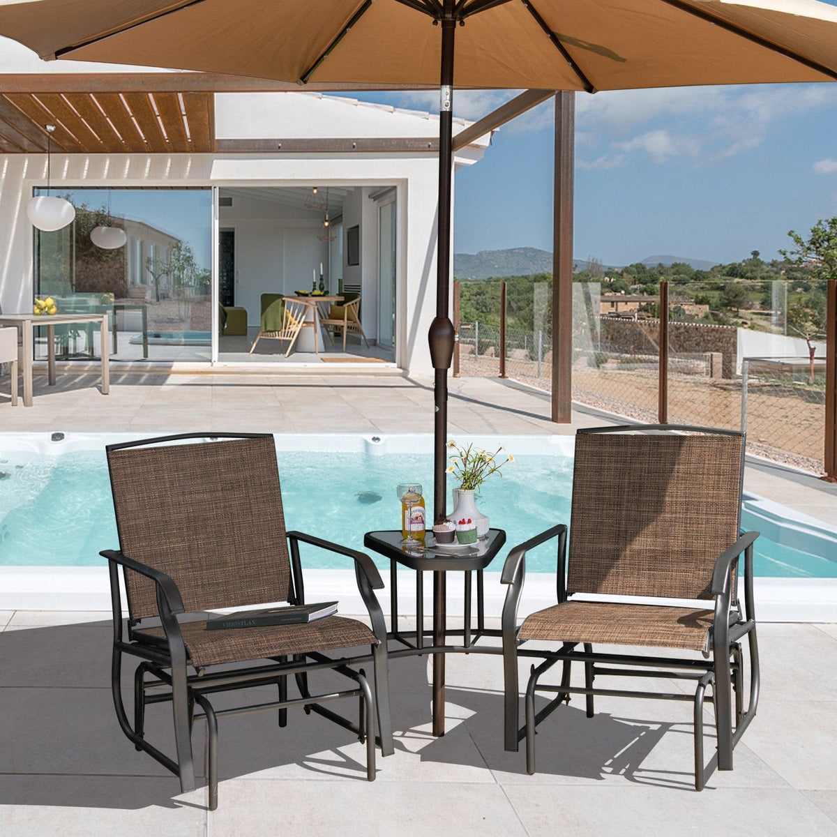 Double Glider Chair Set with Centre Glass Table and Umbrella Hole, Brown