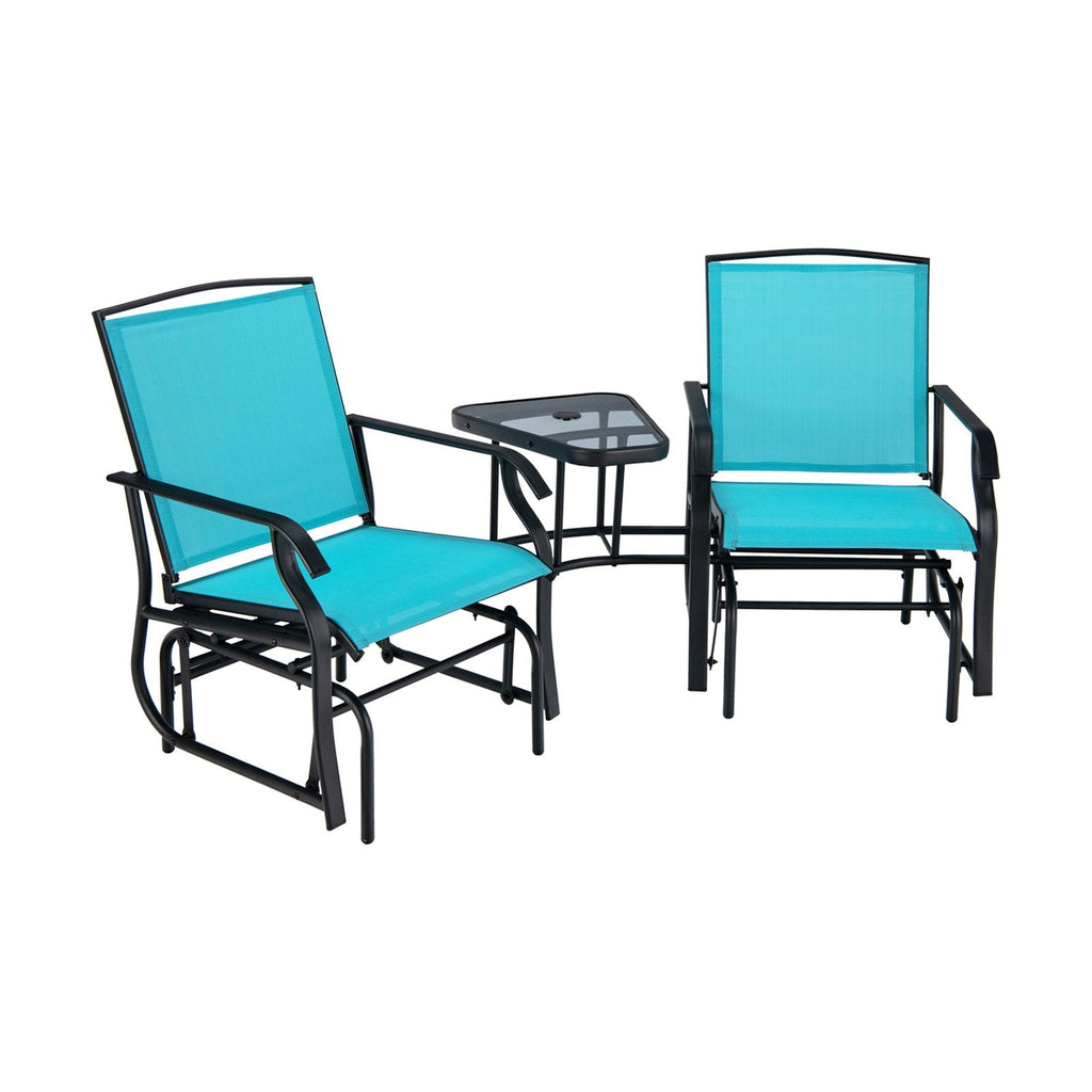 Double Glider Chair Set with Centre Glass Table and Umbrella Hole, Turquoise