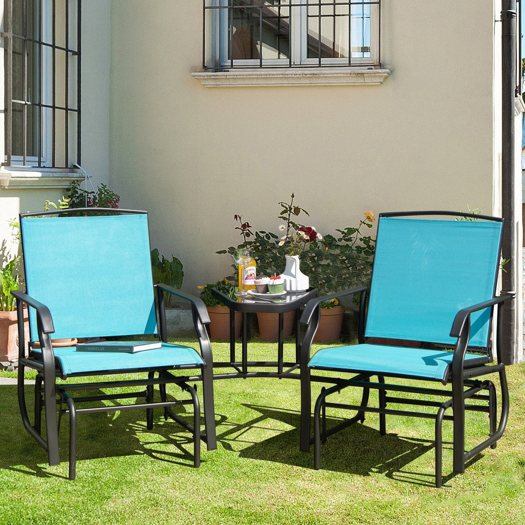 Double Glider Chair Set with Centre Glass Table and Umbrella Hole, Turquoise