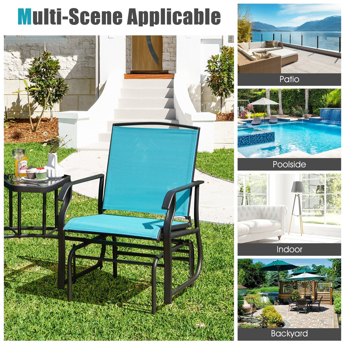 Double Glider Chair Set with Centre Glass Table and Umbrella Hole, Turquoise