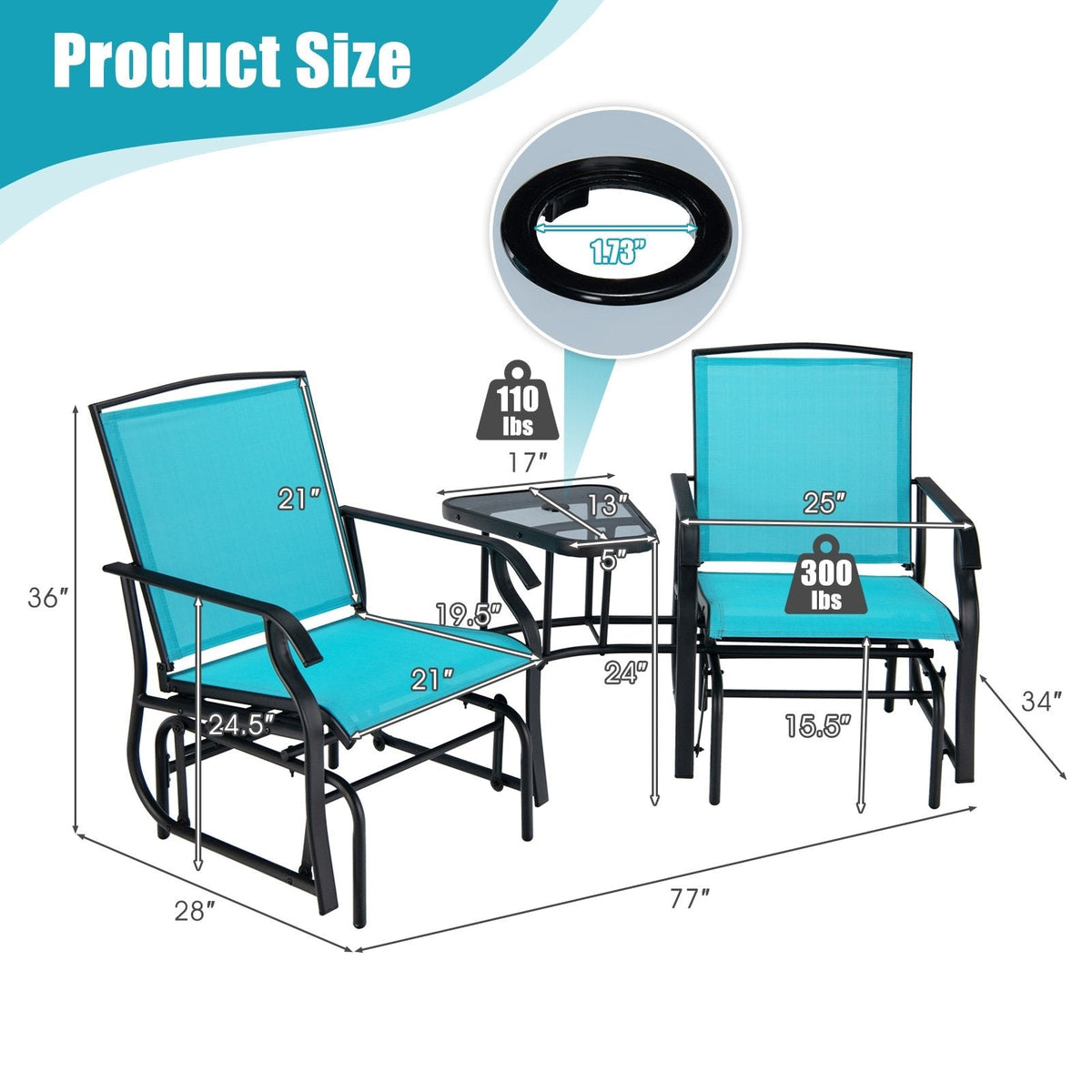 Double Glider Chair Set with Centre Glass Table and Umbrella Hole, Turquoise