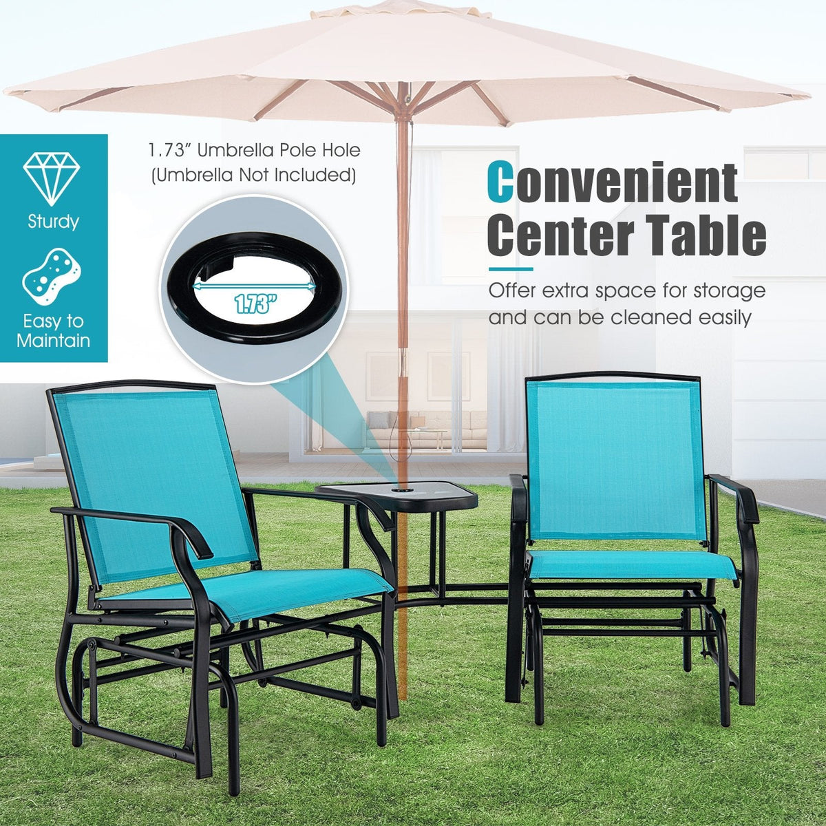 Double Glider Chair Set with Centre Glass Table and Umbrella Hole, Turquoise
